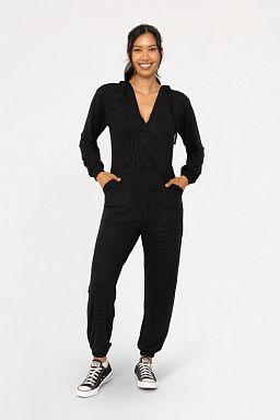 Brushed Hacci Hooded Lounge Jumpsuit Black