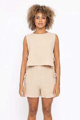 Cotton Gauze Side Tie Tank Top Taupe