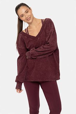 Mineral Wash Cotton Blend Deep V-Neck Long Sleeve Plum 24