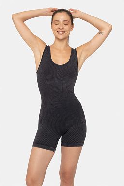 Mineral Wash Ribbed Active Romper Black