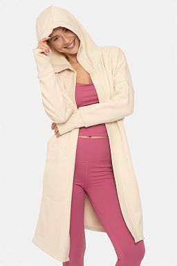 Open Front Longline Hoodie Cardigan with Fleece Lining Champagne